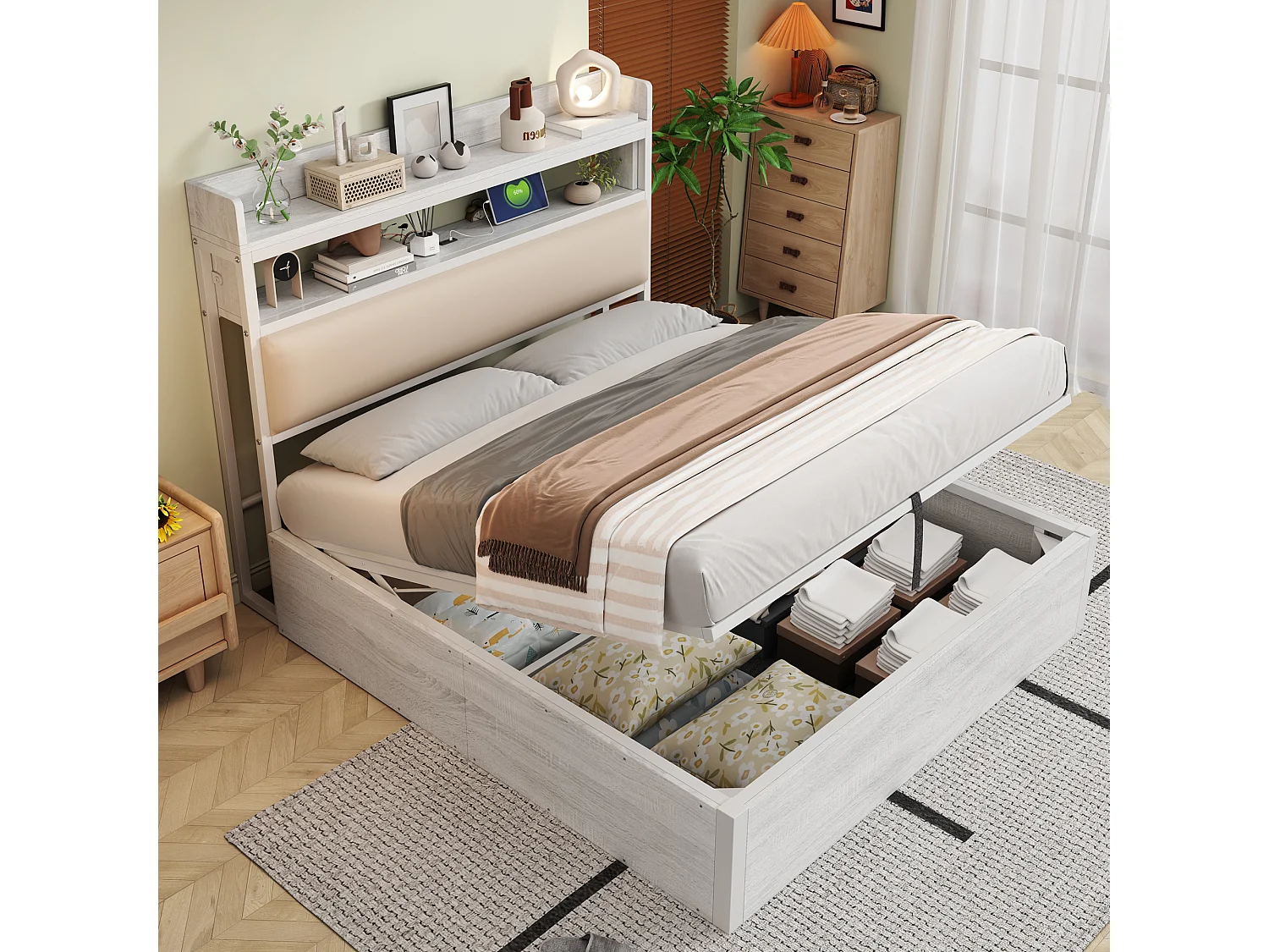 Gestoffeerd Bed 140x200cm - Hydraulisch Opbergbed Met USB - Met Verdekte Opbergruimte - Metaal;Hout - Wit - Zonder matras