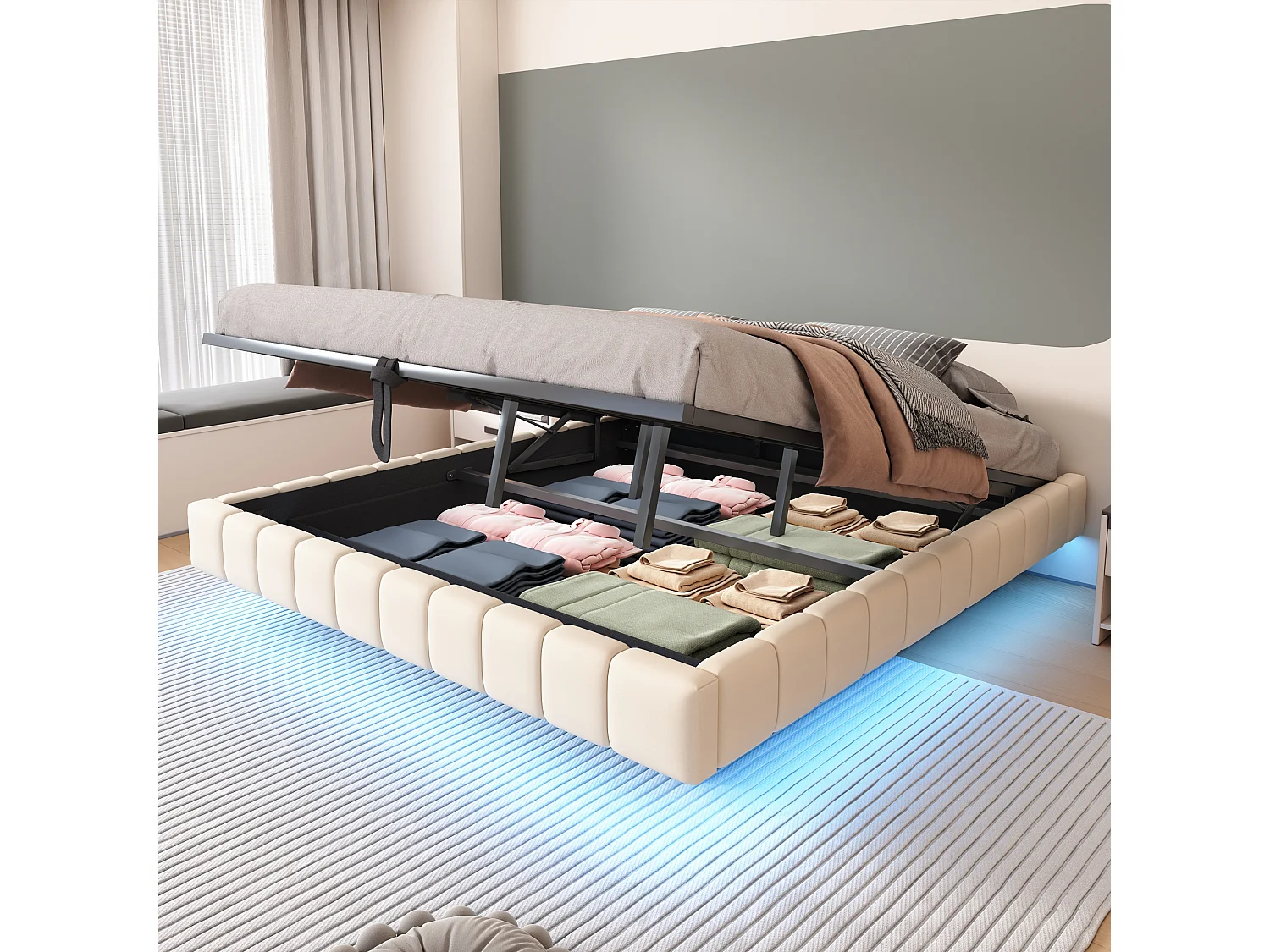 Lit coffre moderne 180x200 cm, tissu en fond, rangement, sans tête de lit, LED, lin beige, sans matelas