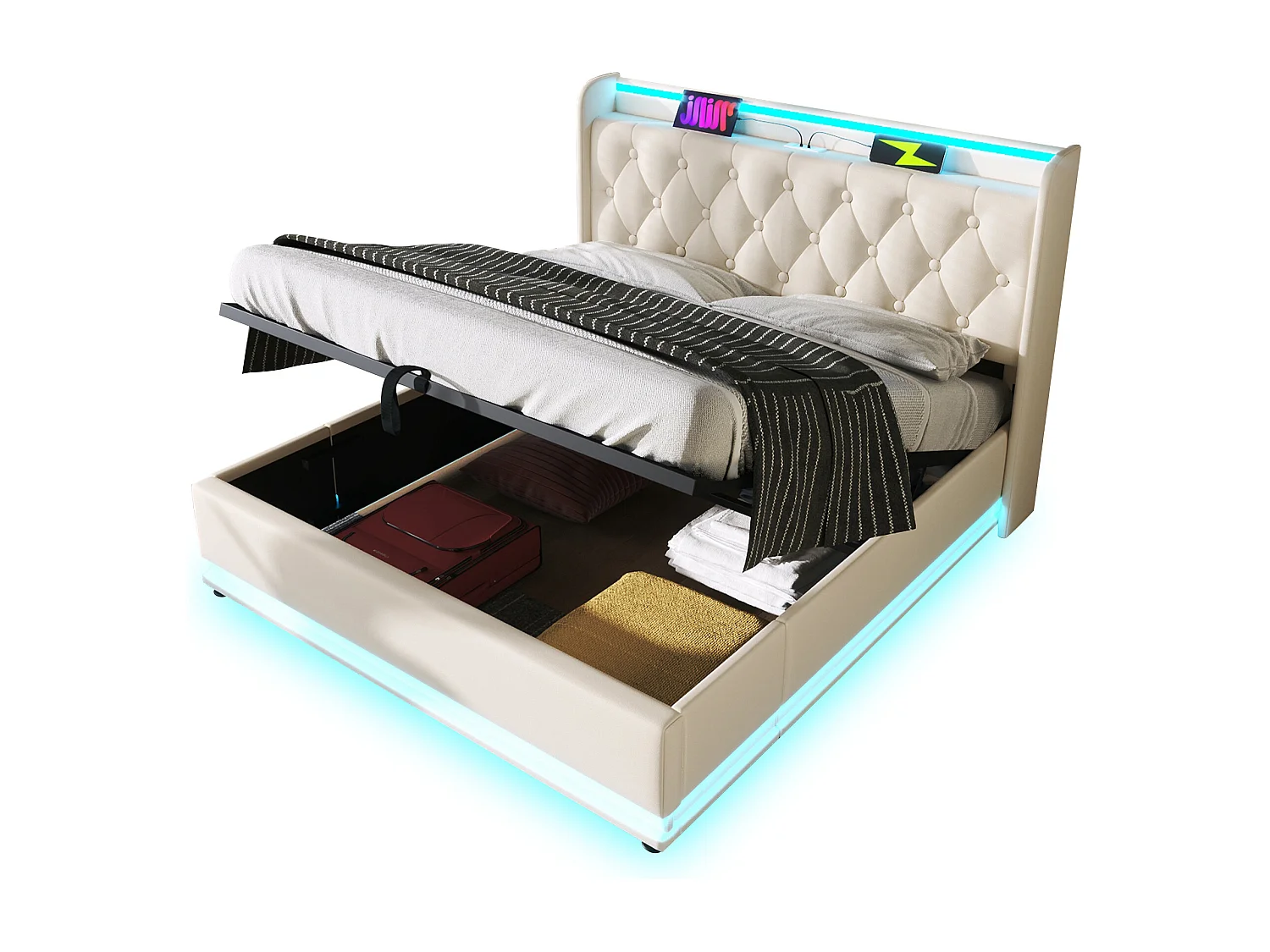 Gestoffeerd bed 180x200 cm – Tweepersoonsbed met 360° LED en app-bediening – Hydraulisch opbergbed met USB-C – PU bekleding – Wit – Zonder matras