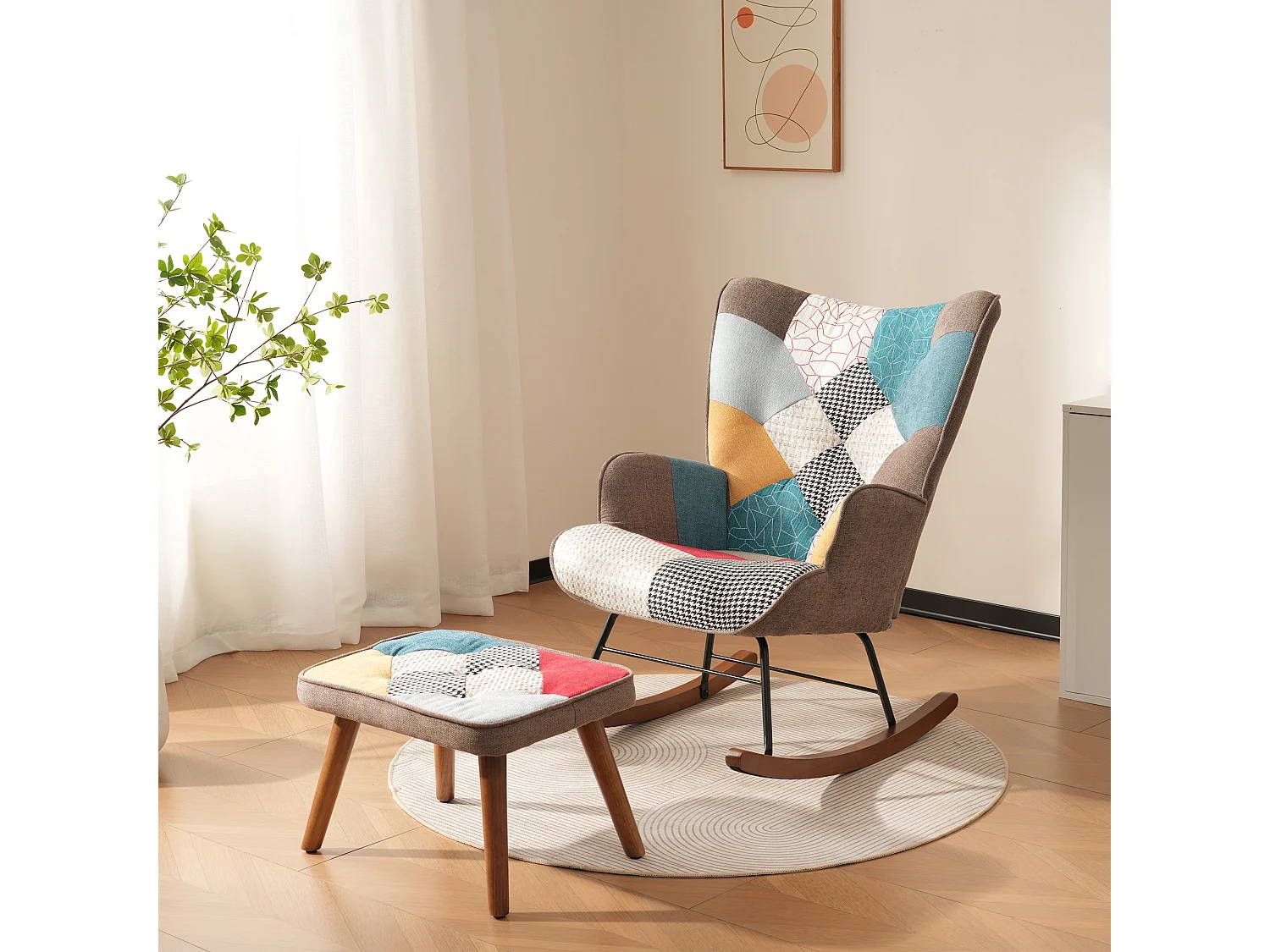 Rocking chair avec repose-pieds, dossier haut, appui-tête et coussin lombaire peluche, multicolore