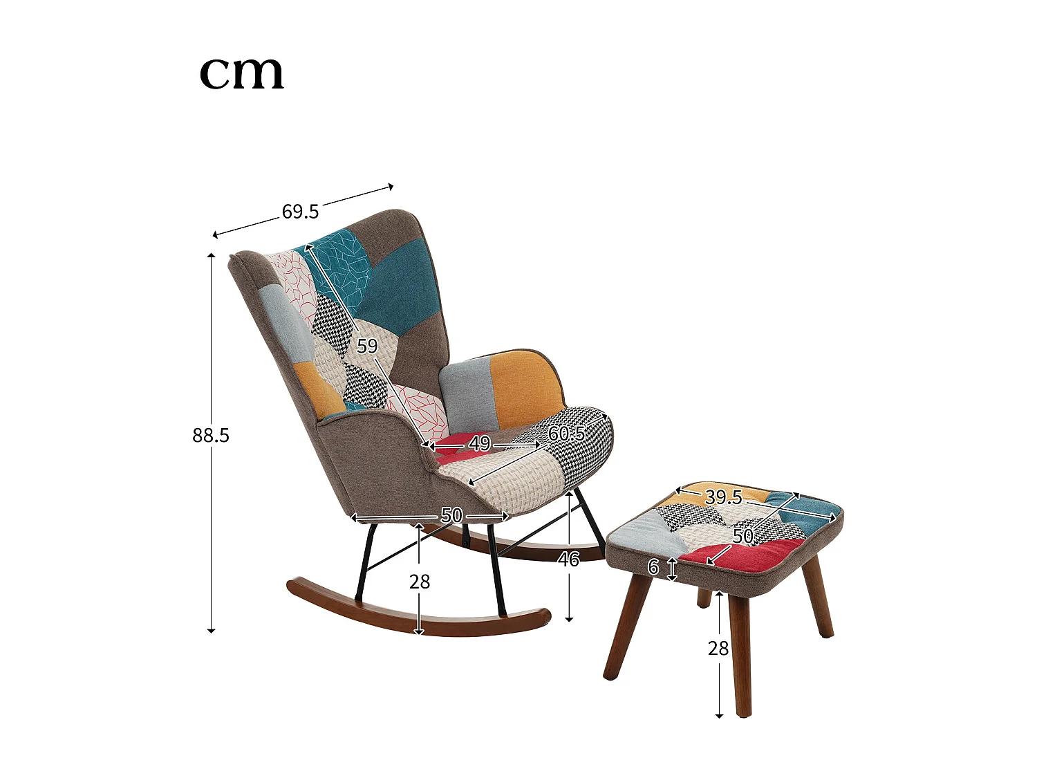 Rocking chair avec repose-pieds, dossier haut, appui-tête et coussin lombaire peluche, multicolore
