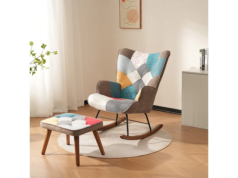 Rocking chair avec repose-pieds, dossier haut, appui-tête et coussin lombaire peluche, multicolore