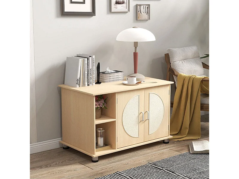 Mobile per lettiera gatto con porte sisal per graffi piedini metallici regolabili, Mobile per lettiera gatto Naturale