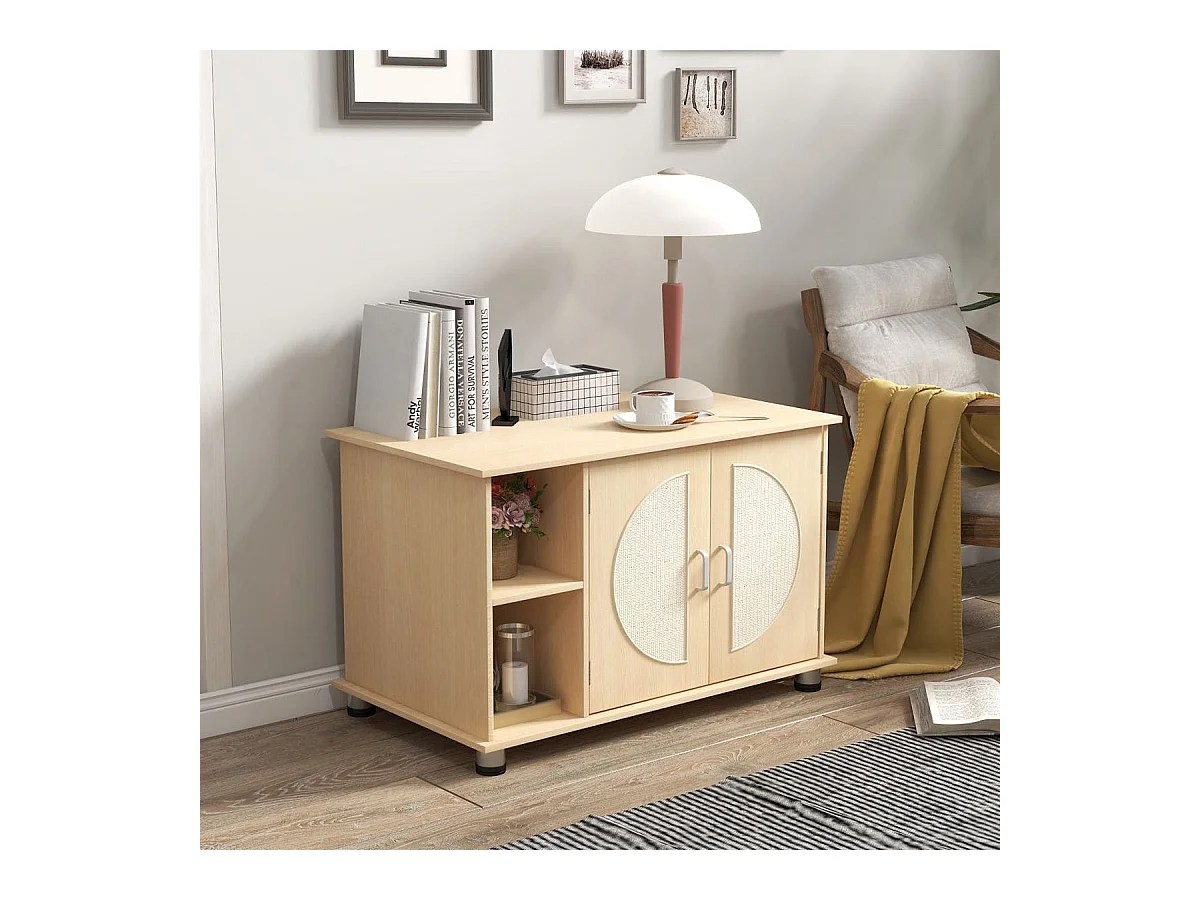 Mobile per lettiera gatto con porte sisal per graffi piedini metallici regolabili, Mobile per lettiera gatto Naturale