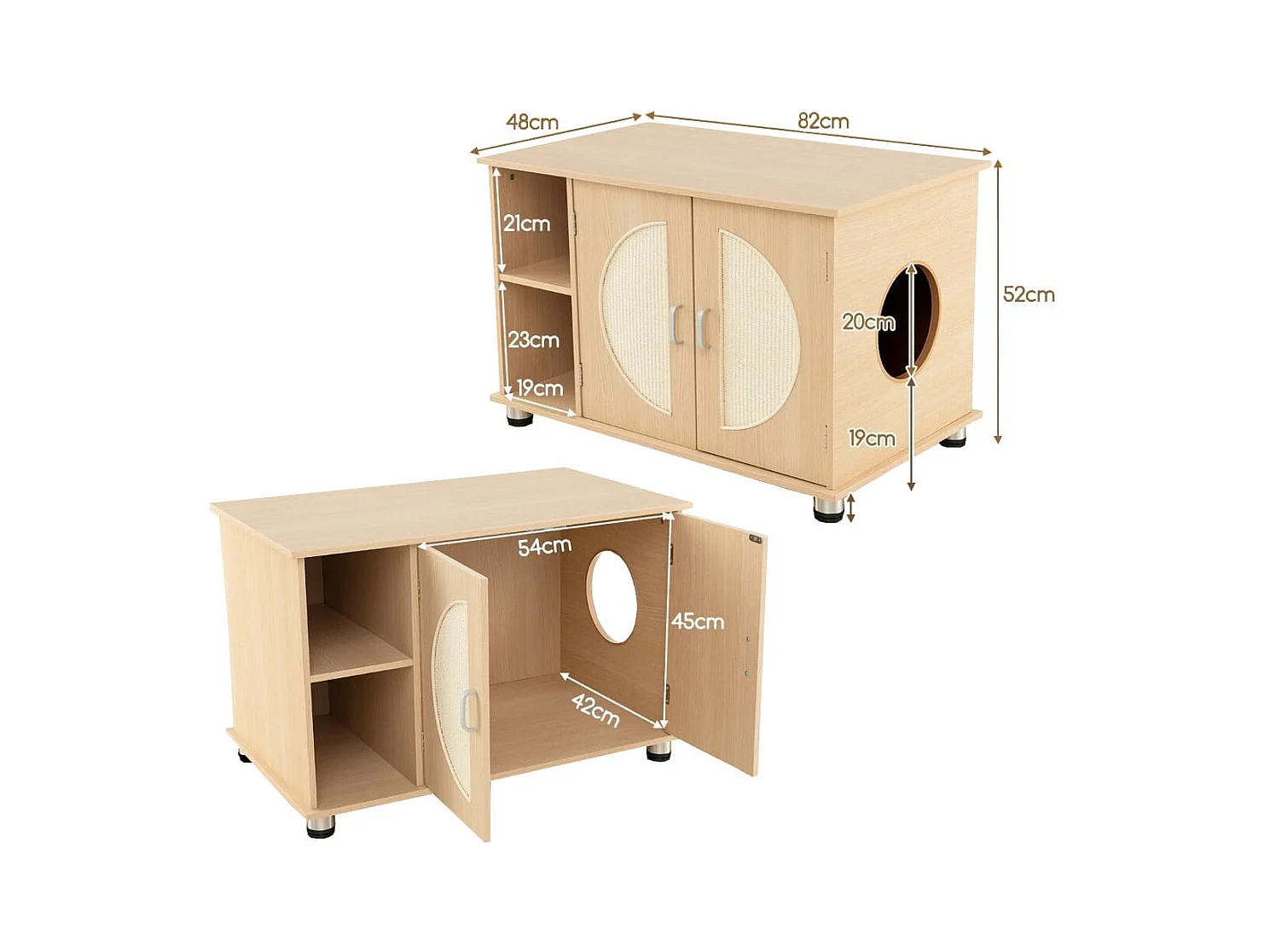 Mobile per lettiera gatto con porte sisal per graffi piedini metallici regolabili, Mobile per lettiera gatto Naturale