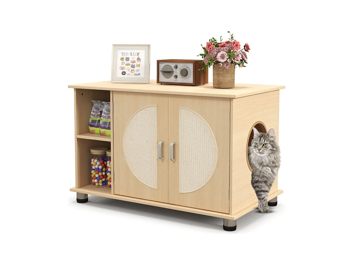 Mobile per lettiera gatto con porte sisal per graffi piedini metallici regolabili, Mobile per lettiera gatto Naturale