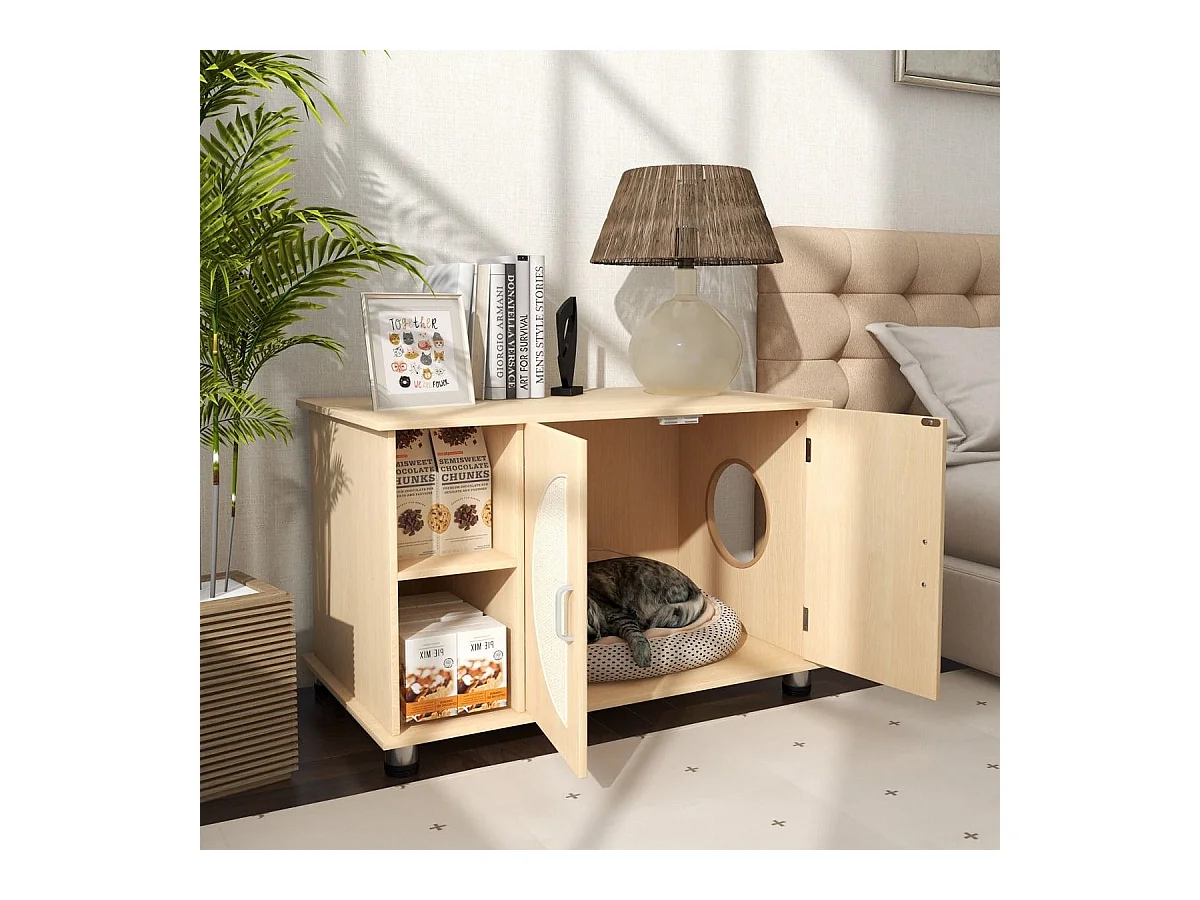 Mobile per lettiera gatto con porte sisal per graffi piedini metallici regolabili, Mobile per lettiera gatto Naturale