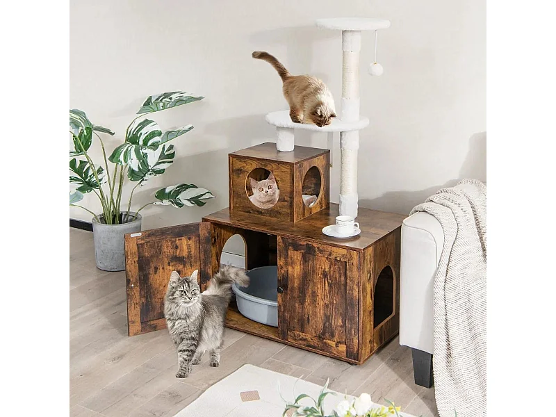 Arbre à Chat en Bois 132 CM avec Maison de Toilette pour Chat à Double Porte Griffoir en Sisal Style Industriel Marron
