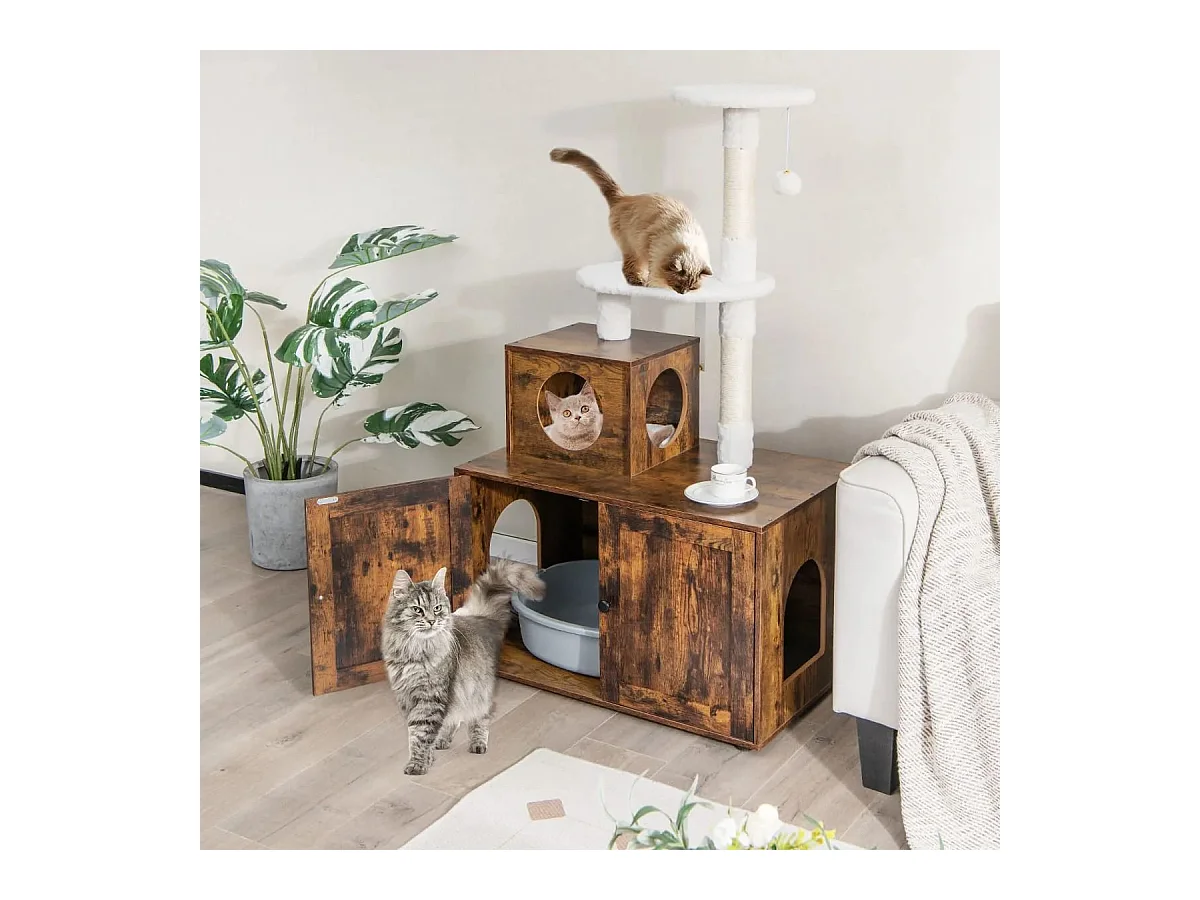 Arbre à Chat en Bois 132 CM avec Maison de Toilette pour Chat à Double Porte Griffoir en Sisal Style Industriel Marron