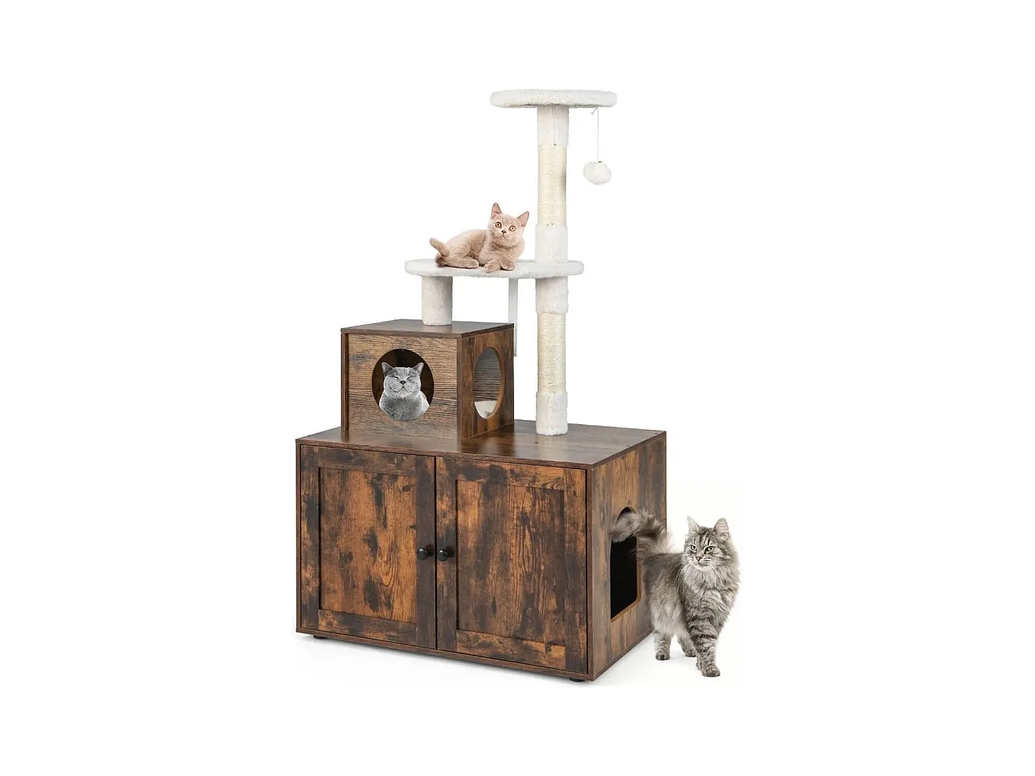 Arbre à Chat en Bois 132 CM avec Maison de Toilette pour Chat à Double Porte Griffoir en Sisal Style Industriel Marron