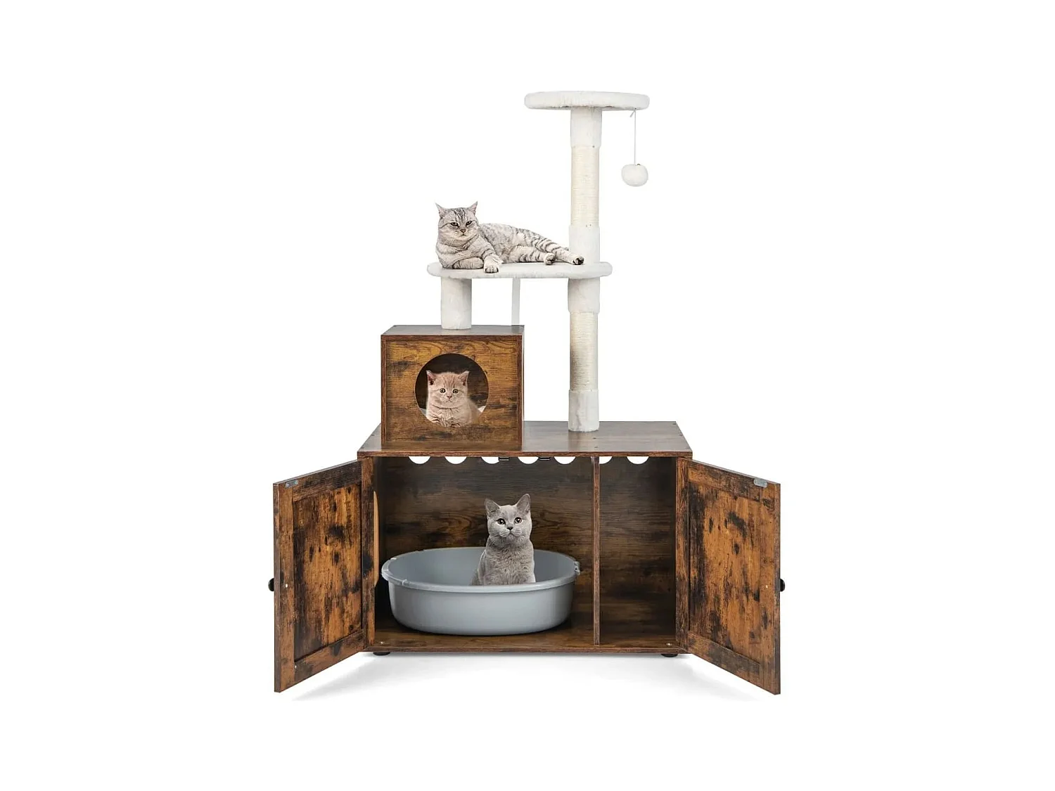 Arbre à Chat en Bois 132 CM avec Maison de Toilette pour Chat à Double Porte Griffoir en Sisal Style Industriel Marron