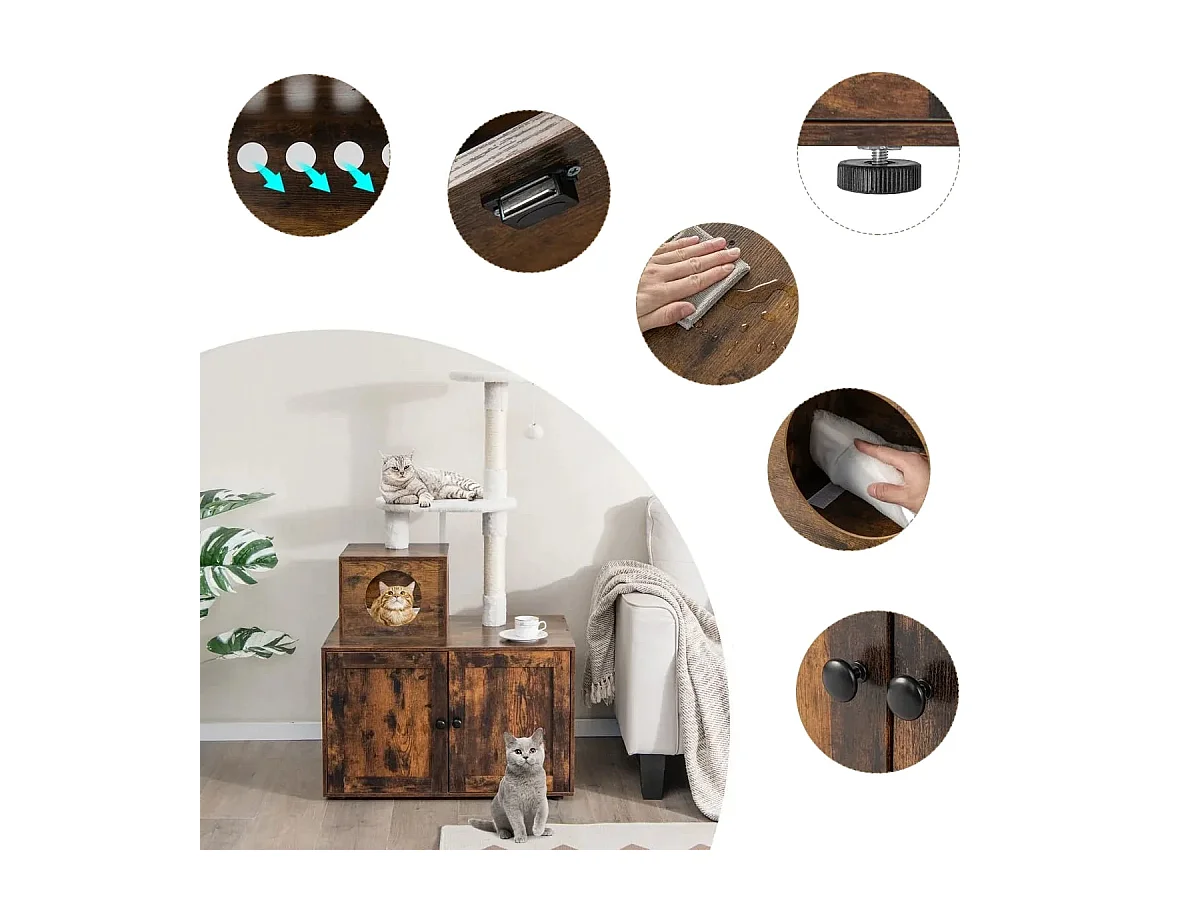 Arbre à Chat en Bois 132 CM avec Maison de Toilette pour Chat à Double Porte Griffoir en Sisal Style Industriel Marron