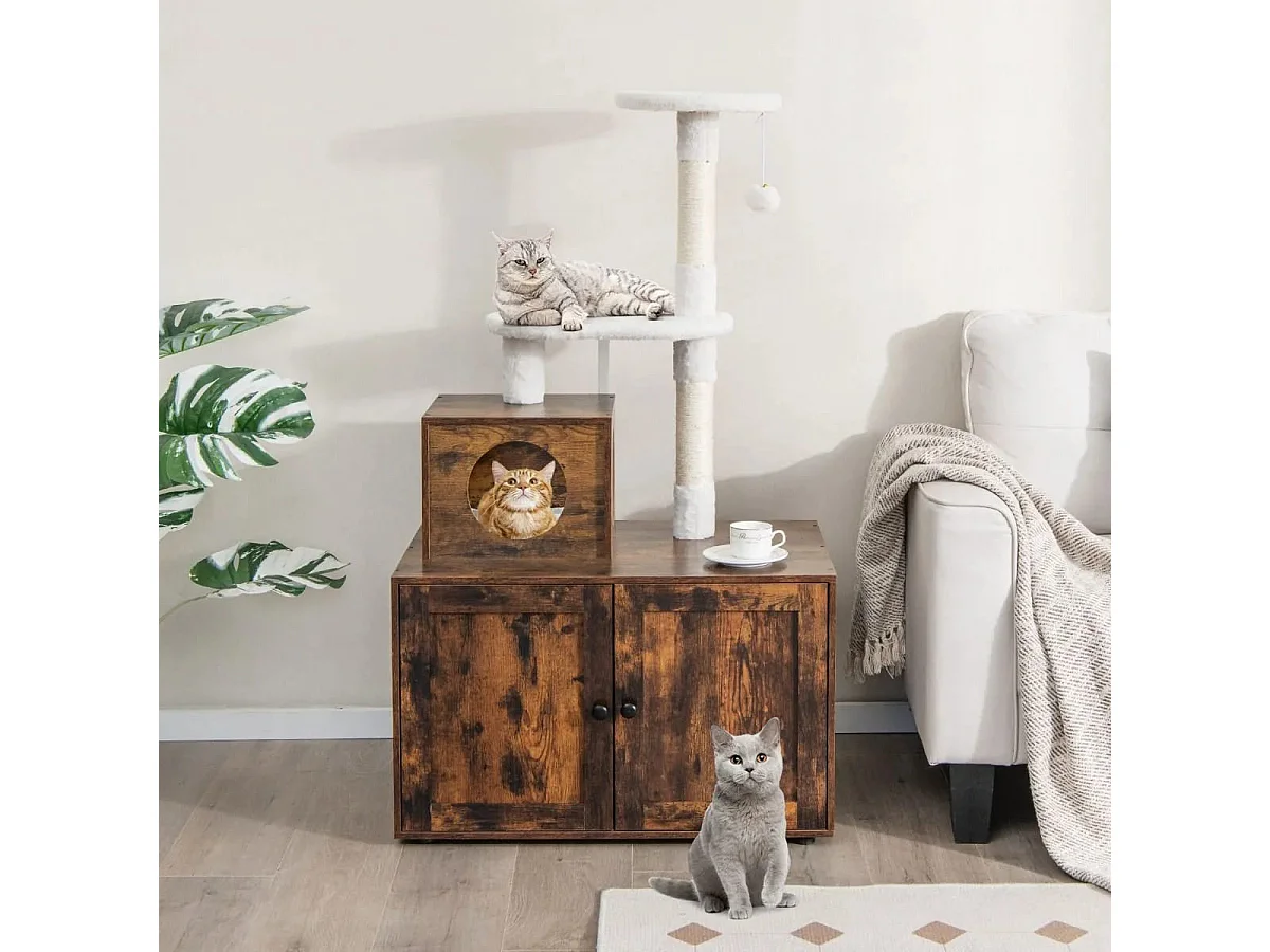 Arbre à Chat en Bois 132 CM avec Maison de Toilette pour Chat à Double Porte Griffoir en Sisal Style Industriel Marron