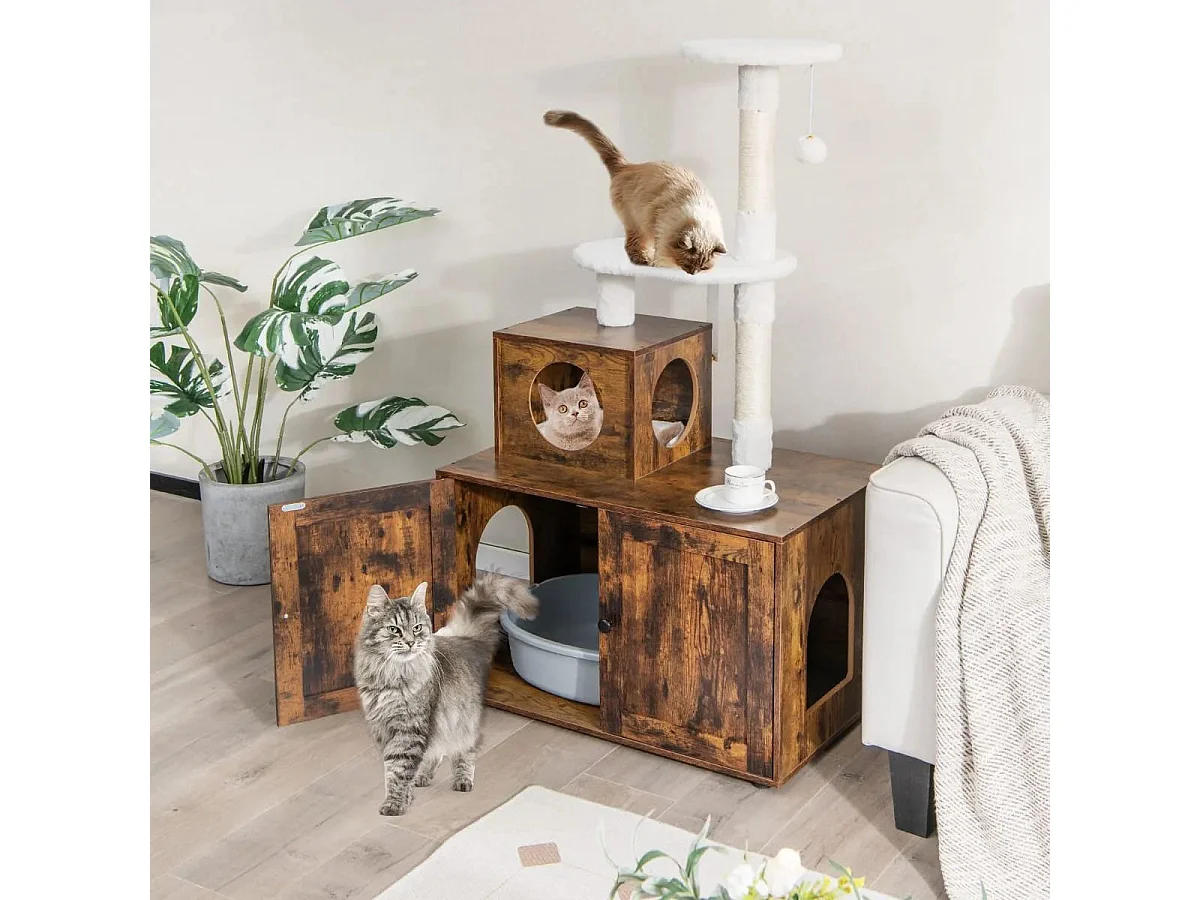 Arbre à Chat en Bois 132 CM avec Maison de Toilette pour Chat à Double Porte Griffoir en Sisal Style Industriel Marron