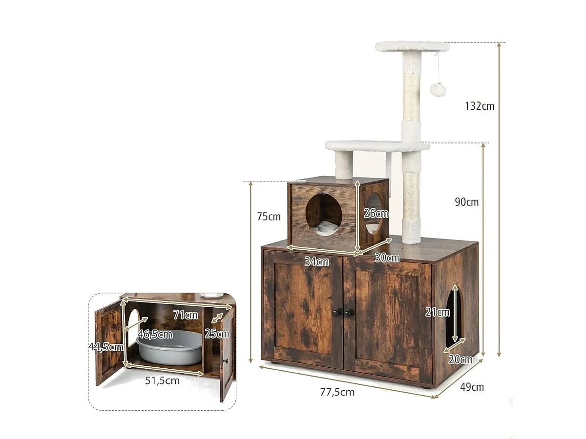 Arbre à Chat en Bois 132 CM avec Maison de Toilette pour Chat à Double Porte Griffoir en Sisal Style Industriel Marron