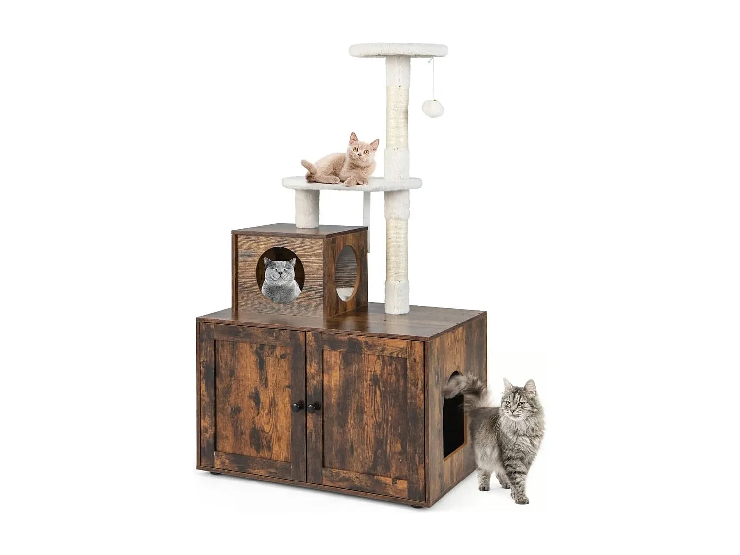 Arbre à Chat en Bois 132 CM avec Maison de Toilette pour Chat à Double Porte Griffoir en Sisal Style Industriel Marron