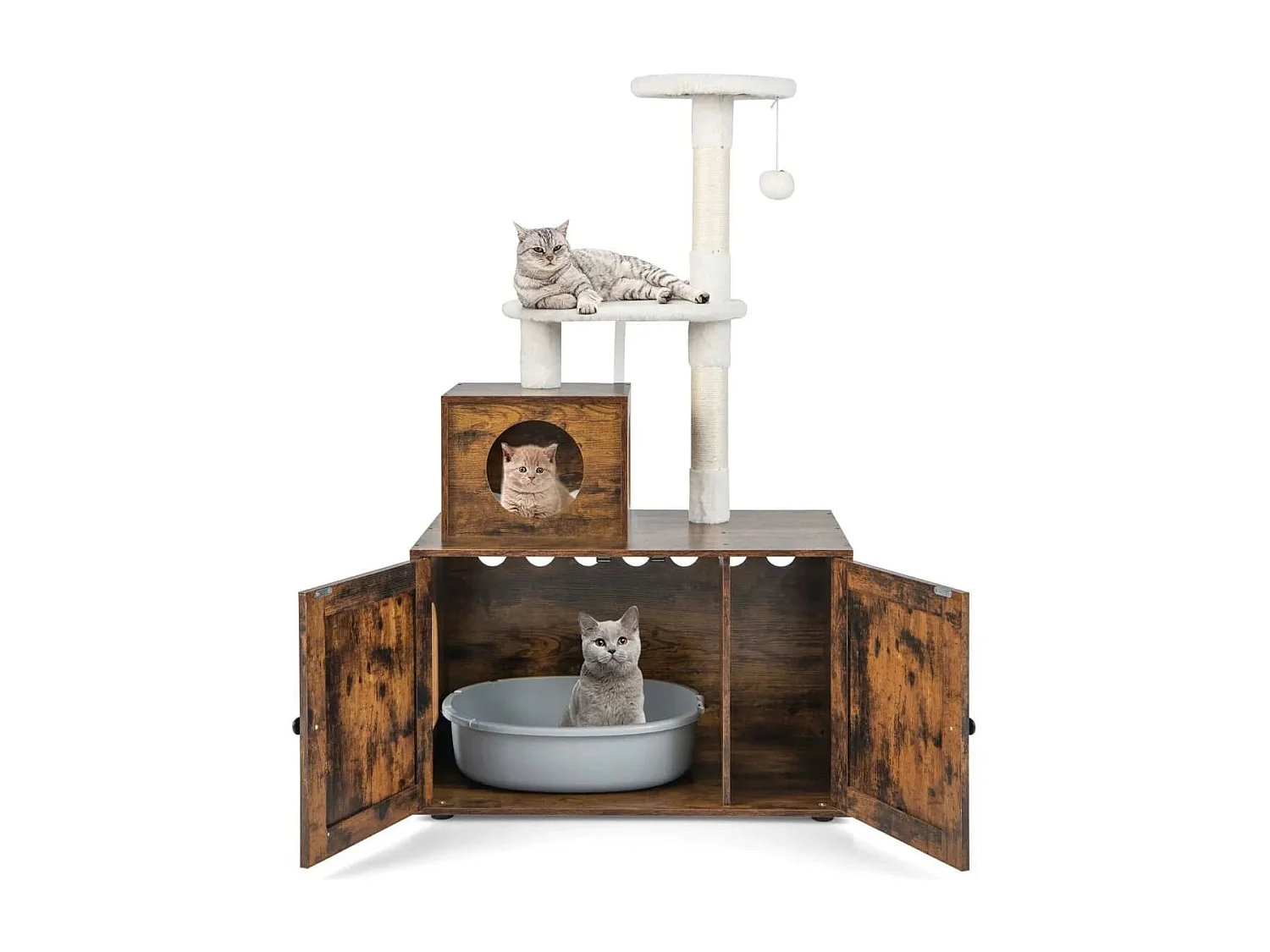 Arbre à Chat en Bois 132 CM avec Maison de Toilette pour Chat à Double Porte Griffoir en Sisal Style Industriel Marron