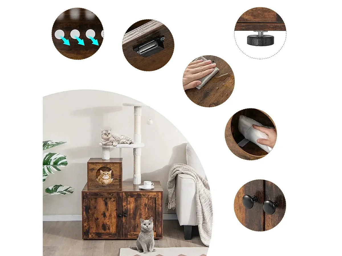 Arbre à Chat en Bois 132 CM avec Maison de Toilette pour Chat à Double Porte Griffoir en Sisal Style Industriel Marron