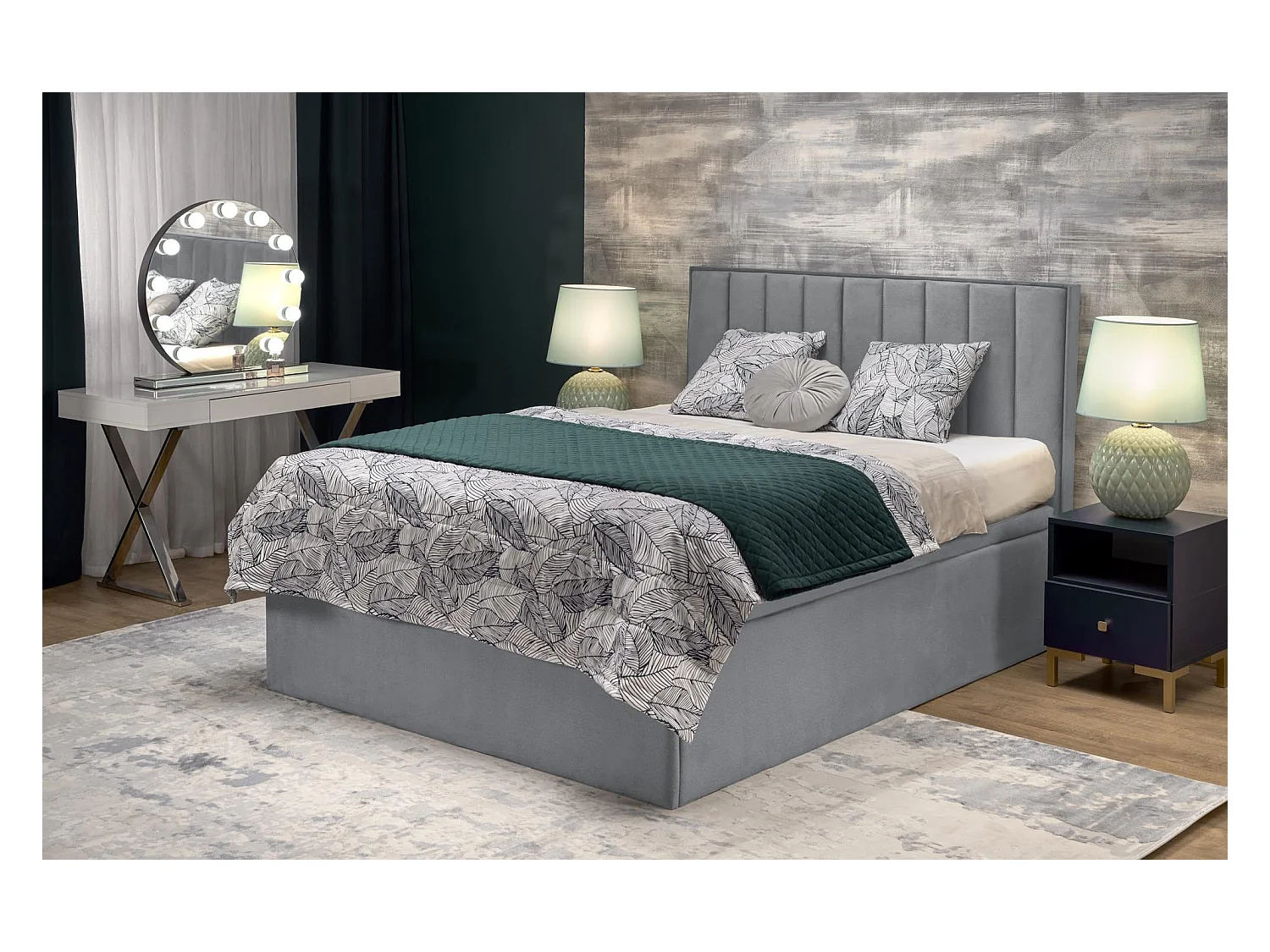 Lit en tissu gris 160 x 200 avec tête de lit et coffre de rangement Peony