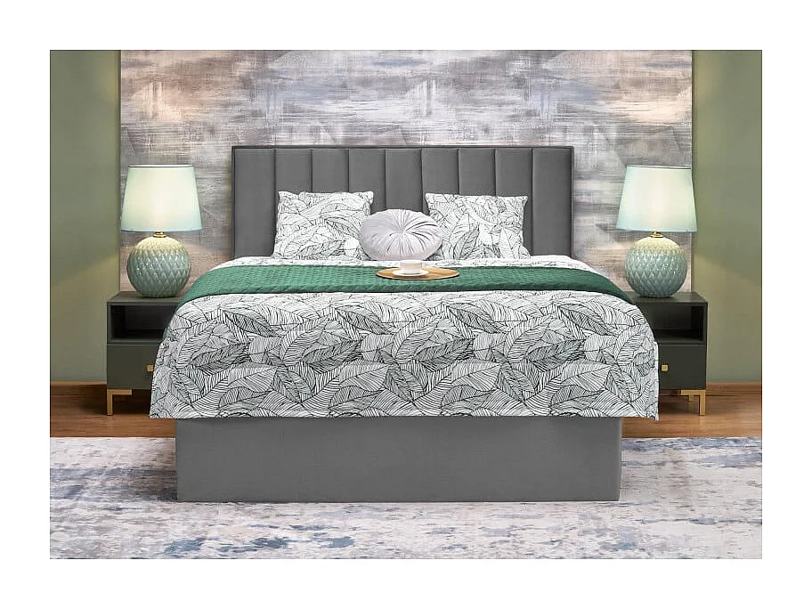 Lit en tissu gris 160 x 200 avec tête de lit et coffre de rangement Peony