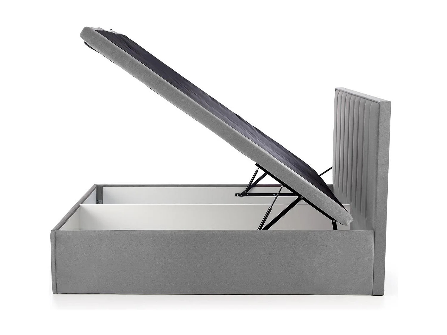 Lit en tissu gris 160 x 200 avec tête de lit et coffre de rangement Peony