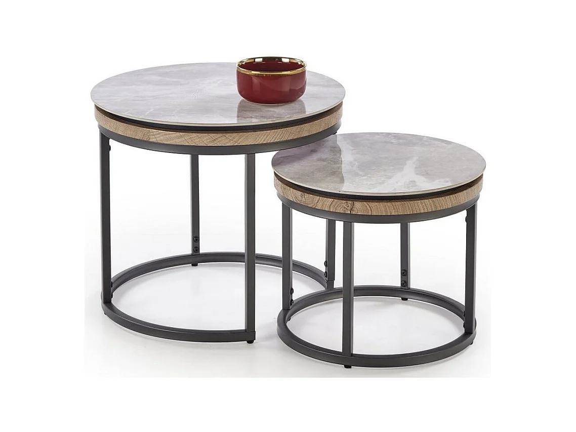 Ensemble de deux tables gigognes rondes avec plateau aspect marbre PIETER