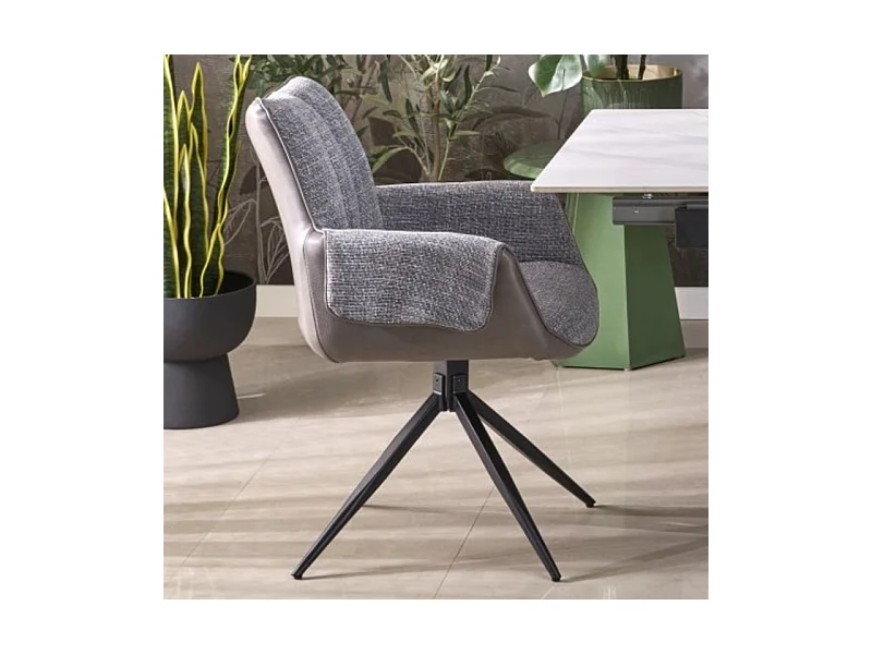 Silla giratoria de diseño gris, tela y ecopiel, base de metal negro LUDMILA