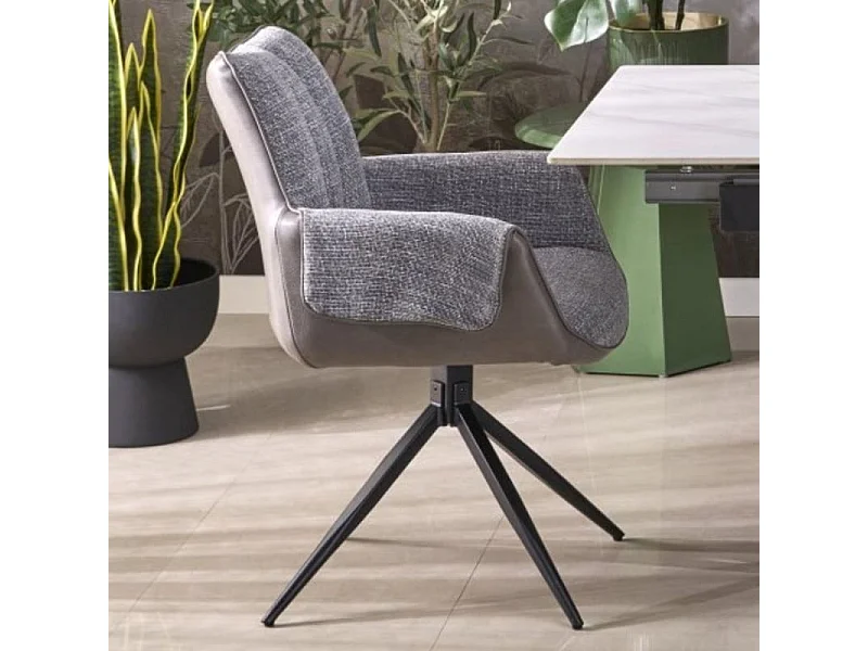 Chaise grise pivotante design, tissu et éco-cuir, pied métal noir LUDMILA