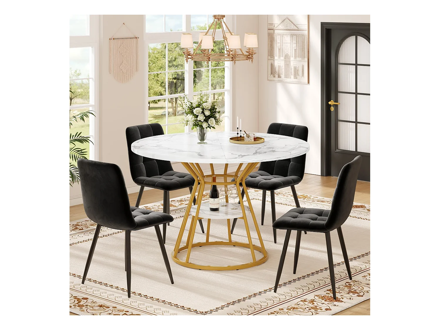 Tischset (5-teilig) runder Esstisch,Couchtisch 100 x 100 x 76 cm,4 Samtstuhl (inkl. Esstisch mit Marmorplatte) für 4 Personen