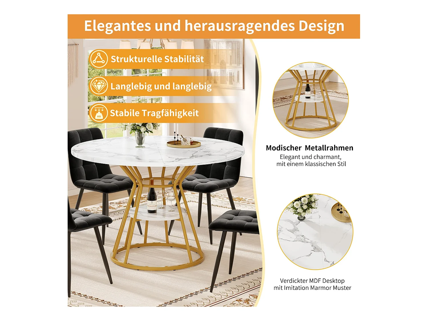 Tischset (5-teilig) runder Esstisch,Couchtisch 100 x 100 x 76 cm,4 Samtstuhl (inkl. Esstisch mit Marmorplatte) für 4 Personen