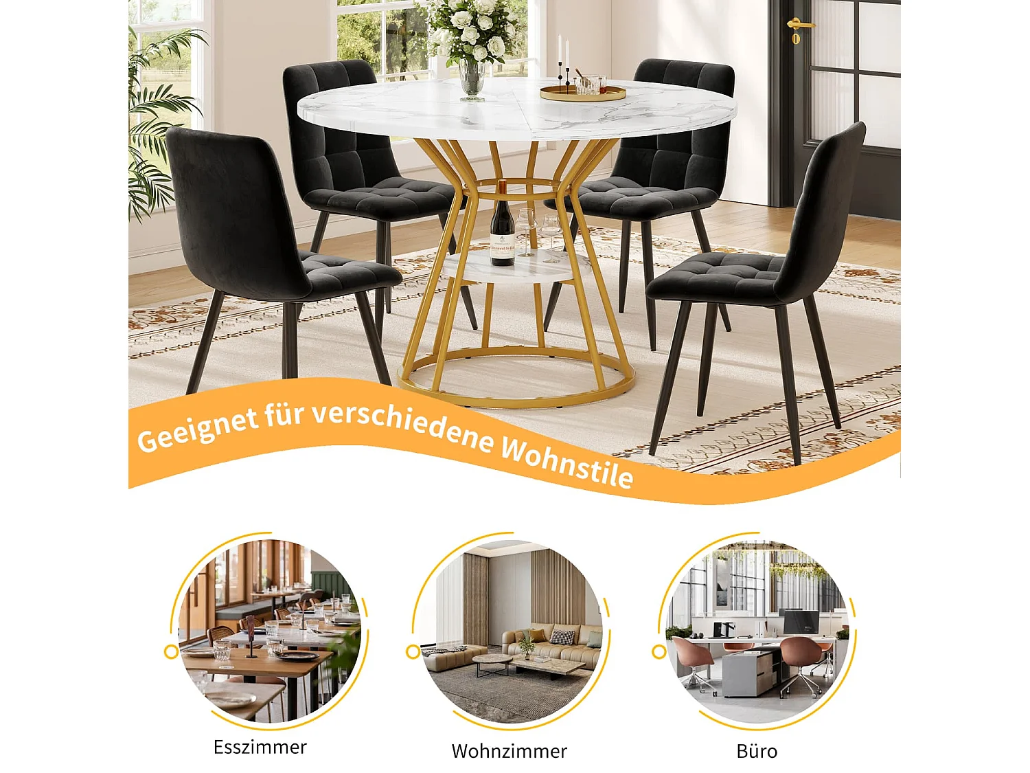 Tischset (5-teilig) runder Esstisch,Couchtisch 100 x 100 x 76 cm,4 Samtstuhl (inkl. Esstisch mit Marmorplatte) für 4 Personen