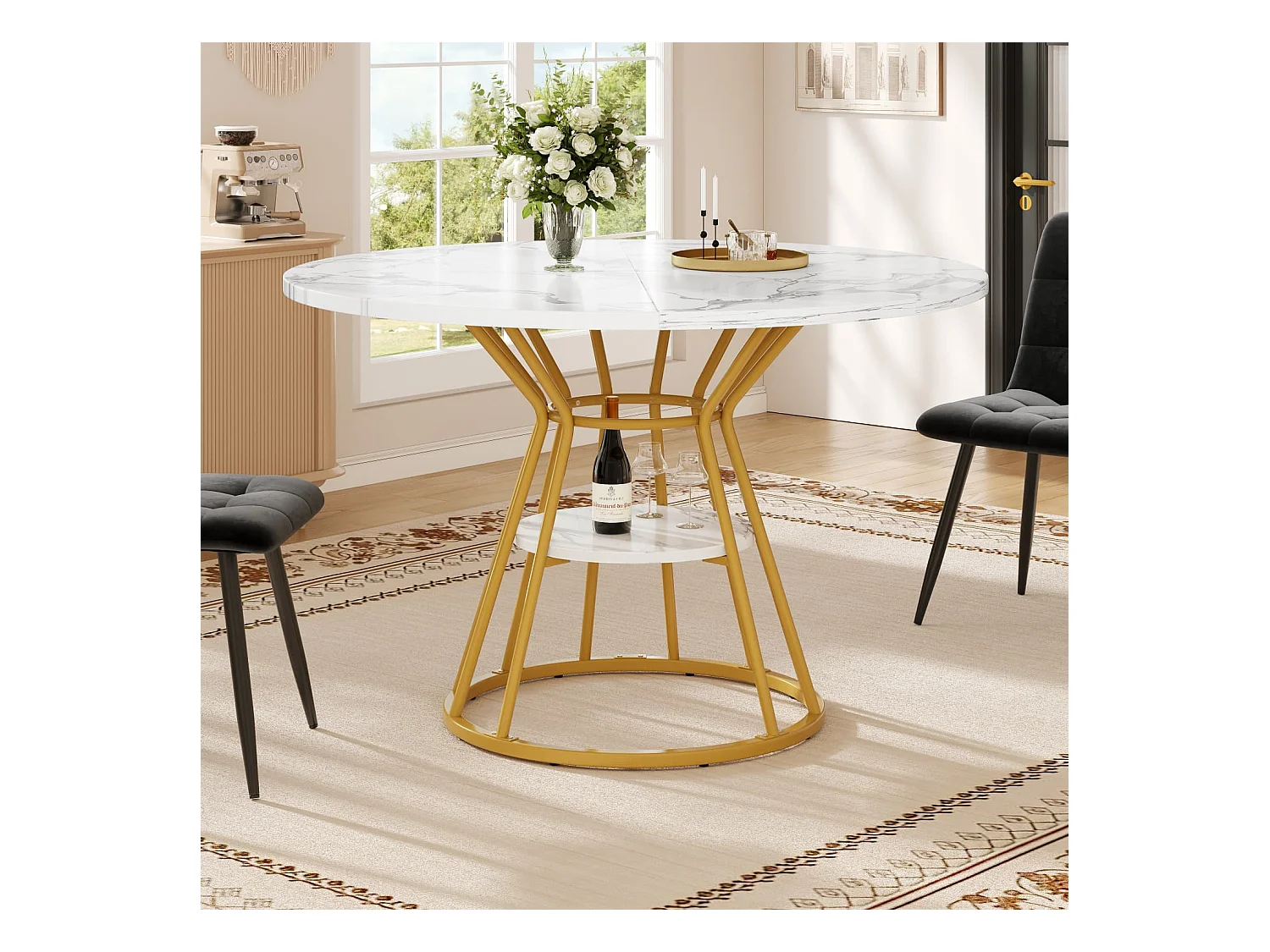 Tischset (5-teilig) runder Esstisch,Couchtisch 100 x 100 x 76 cm,4 Samtstuhl (inkl. Esstisch mit Marmorplatte) für 4 Personen