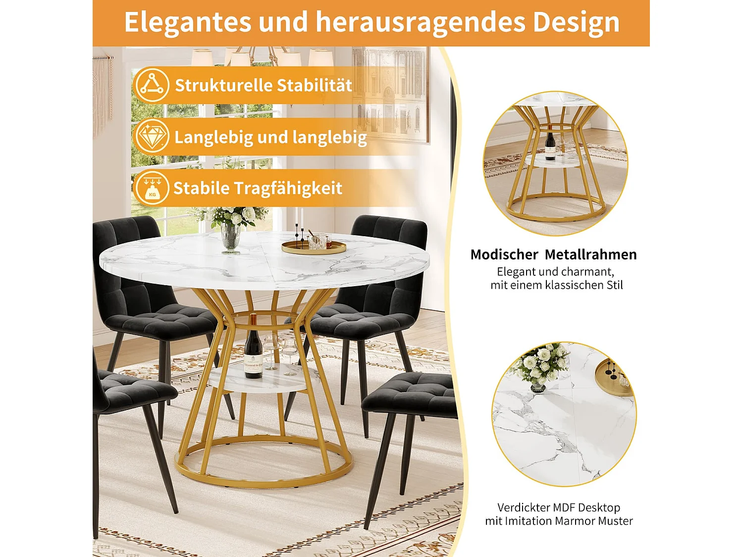 Tischset (5-teilig) runder Esstisch,Couchtisch 100 x 100 x 76 cm,4 Samtstuhl (inkl. Esstisch mit Marmorplatte) für 4 Personen