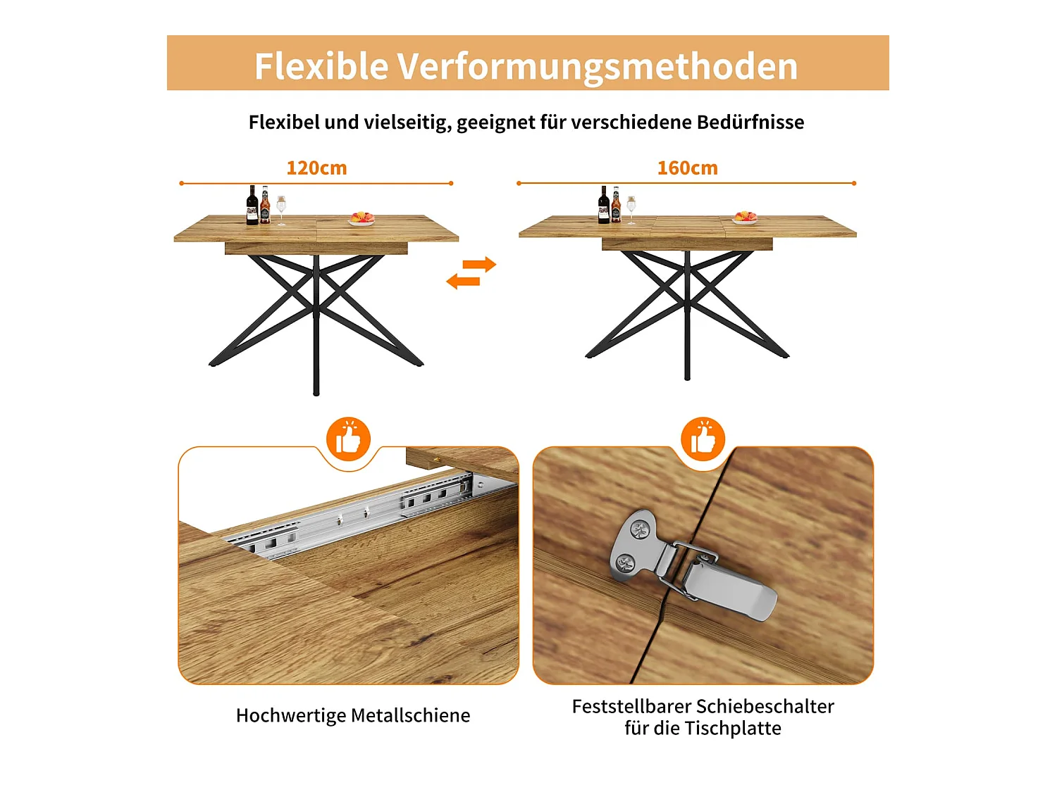Ausziehbarer Esstisch 120(160)x80cm, ausziehbarer Küchentisch, Frühstückstisch, sternförmige Tischbeine,Tischplatte aus Marmorimitat