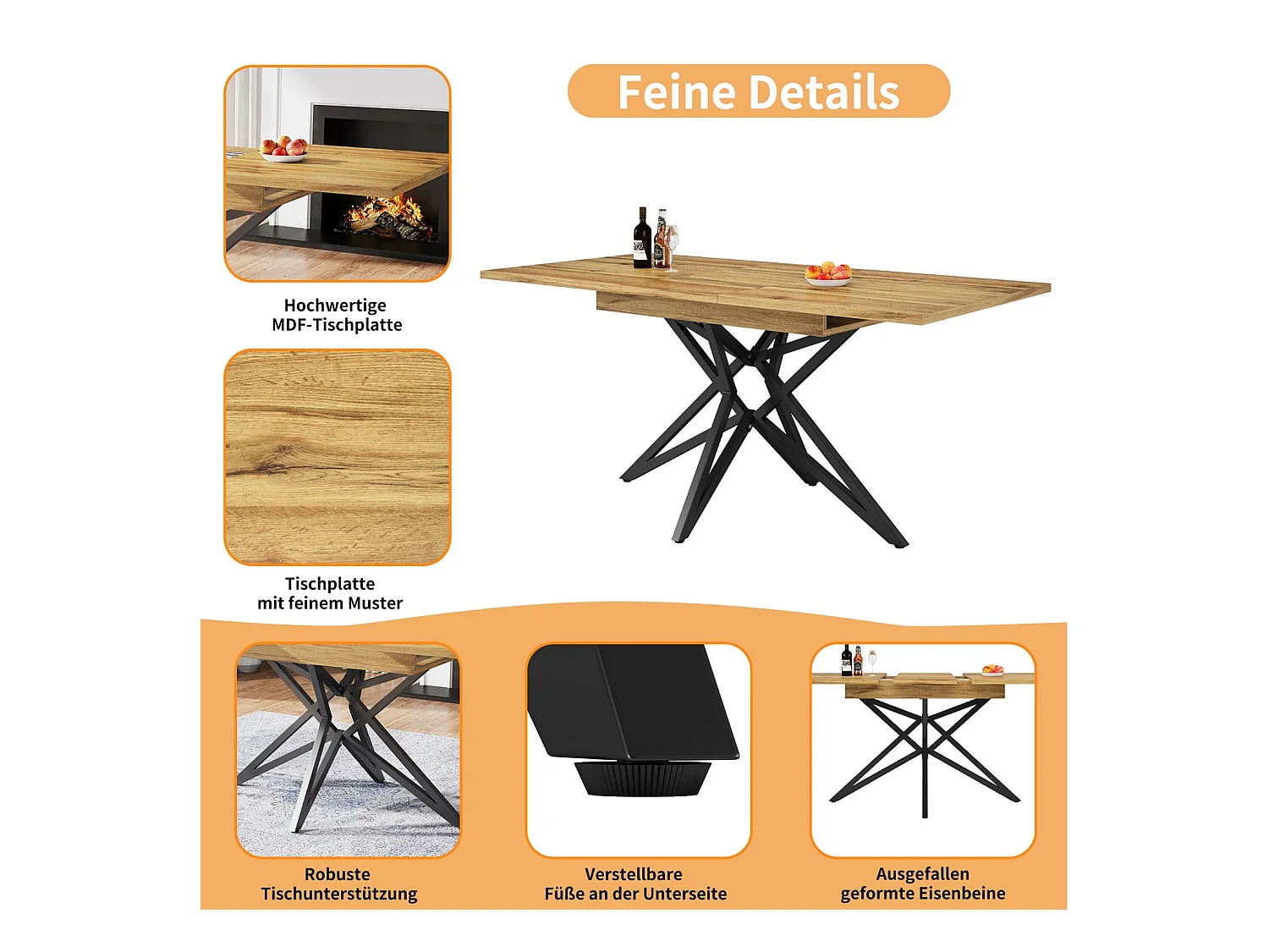 Ausziehbarer Esstisch 120(160)x80cm, ausziehbarer Küchentisch, Frühstückstisch, sternförmige Tischbeine,Tischplatte aus Marmorimitat