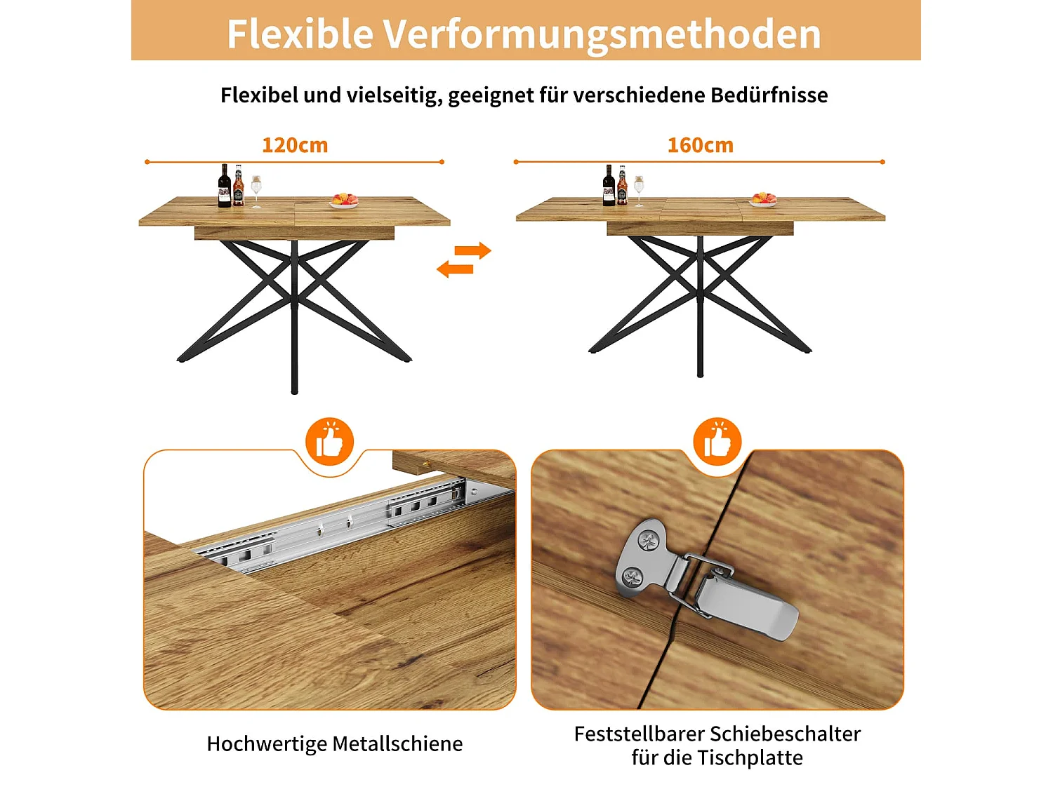 Ausziehbarer Esstisch 120(160)x80cm, ausziehbarer Küchentisch, Frühstückstisch, sternförmige Tischbeine,Tischplatte aus Marmorimitat