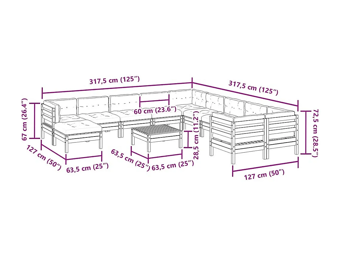 12-delige Loungeset met kussens massief douglas vurenhout