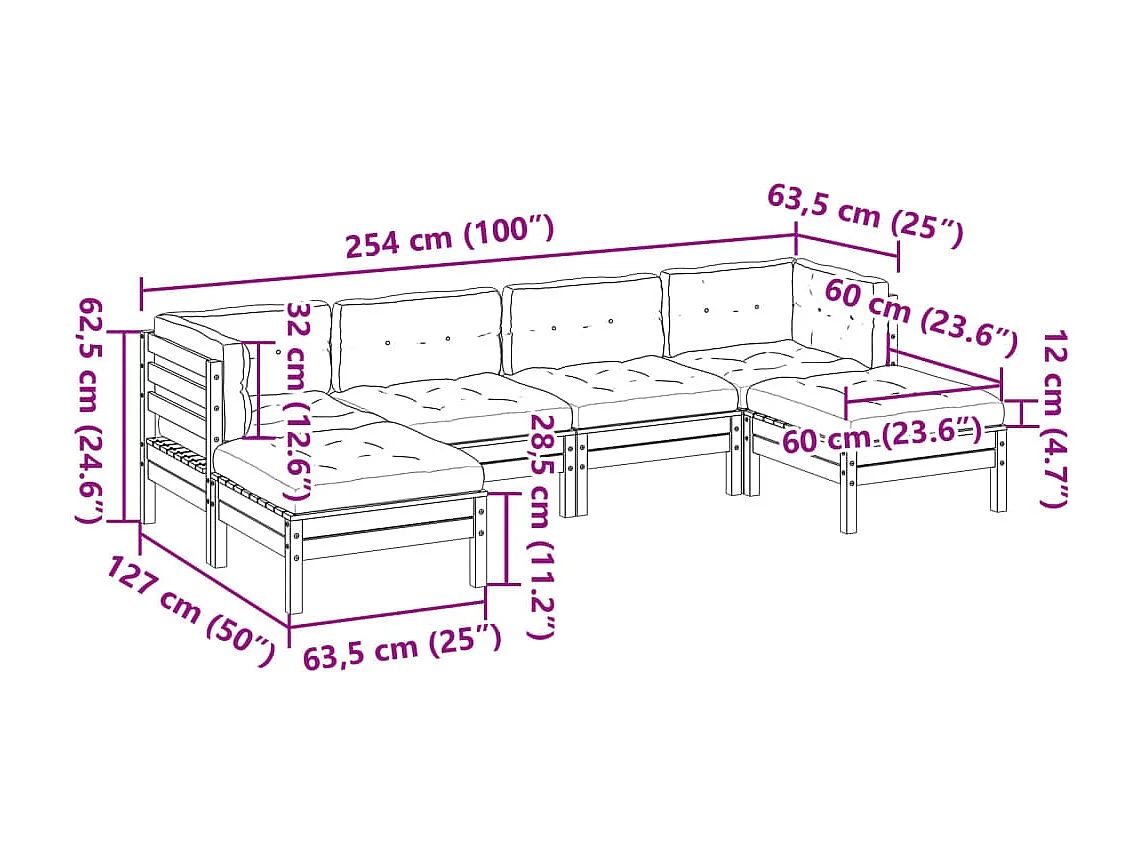 6-delige Loungeset met kussens massief douglas vurenhout