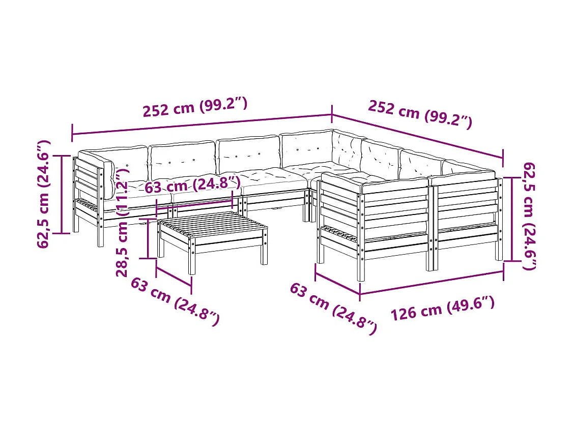 Set Divani Giardino 9 pz Cuscini Legno Massello Abete Douglas