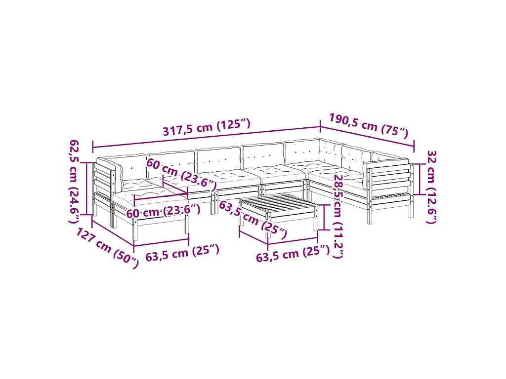 9-delige Loungeset met kussens massief douglas vurenhout