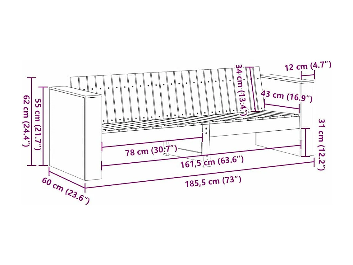 Canapé de jardin Marron 185,5 x 60 x 62 cm Pin massif
