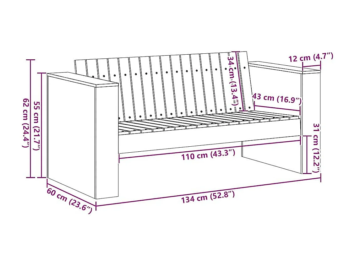 Garten-Sofa Braun 134 x 60 x 62 cm Massives Kiefernholz