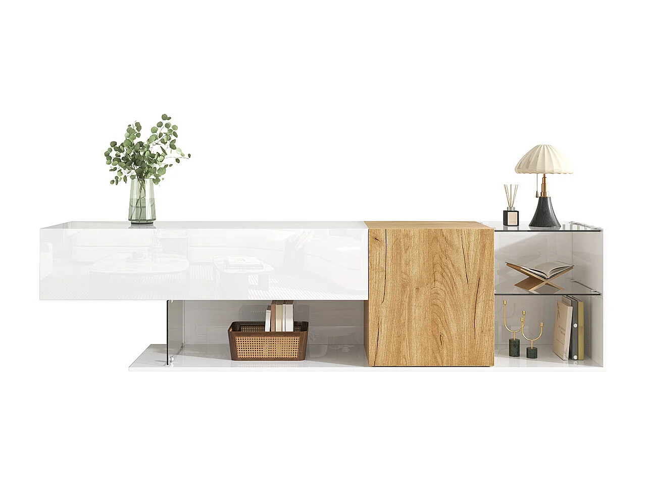 TV-Schrank mit Aufbewahrung und Glasregalen TV-Tisch TV-Ständer für Wohnzimmer