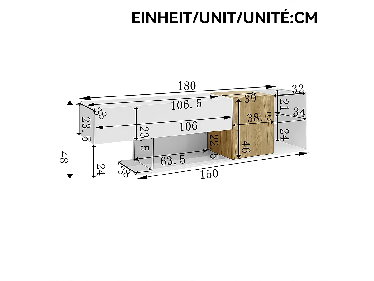 TV-Schrank mit Aufbewahrung und Glasregalen TV-Tisch TV-Ständer für Wohnzimmer