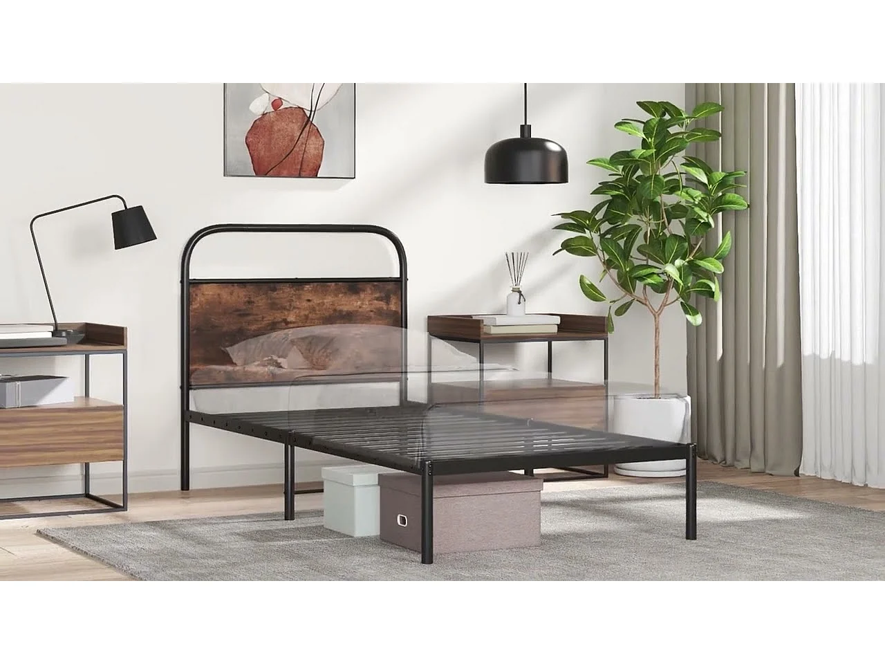 Tête de lit chêne marron 90 cm acier et bois d'ingénierie