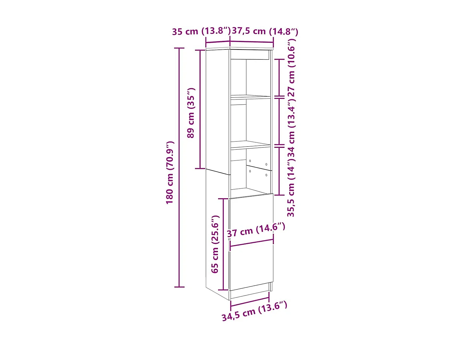 Highboard Weiß 37,5x35x180 cm Holzwerkstoff