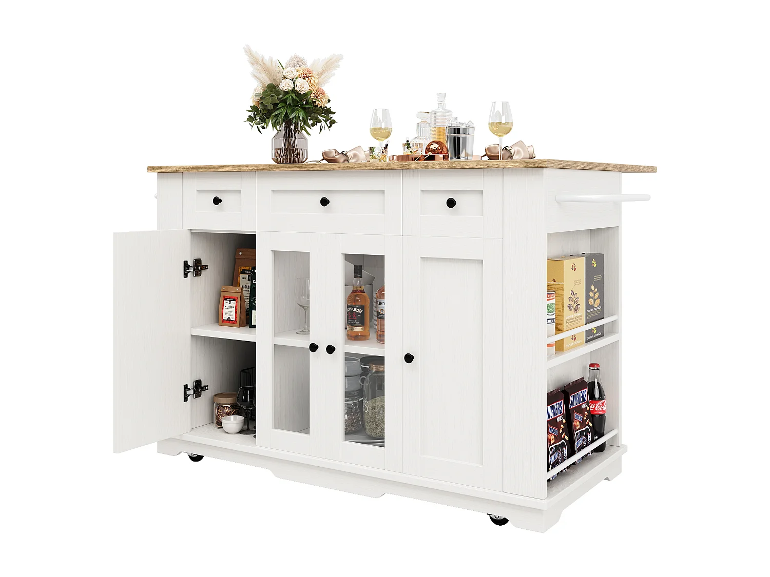 Ilha de cozinha multifuncional MDF metal madeira branca prateleiras de armazenamento vidro temperado