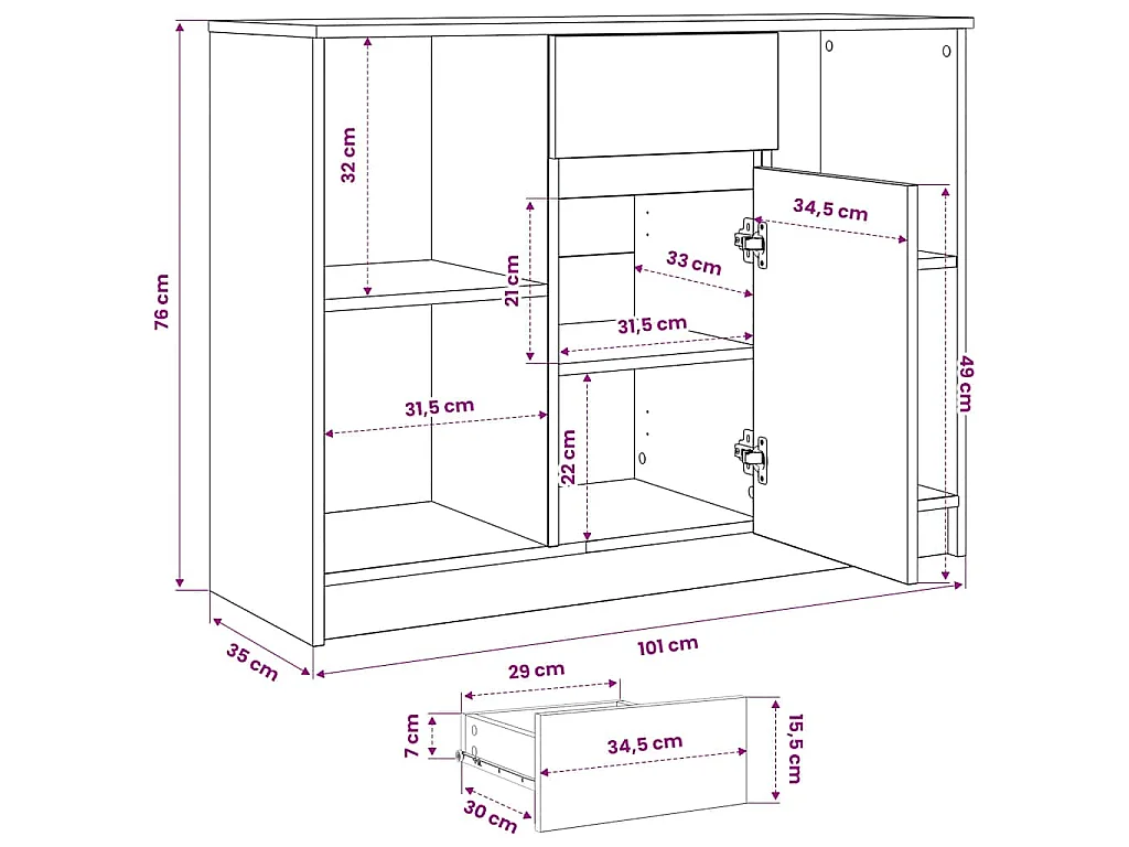 Buffet avec tiroir blanc 101x35x76 cm bois d'ingénierie