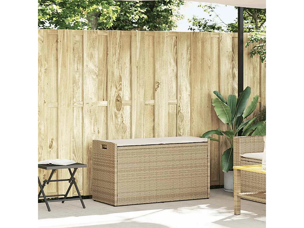 Opbergbank met kussen voor buiten 100 cm poly rattan beige