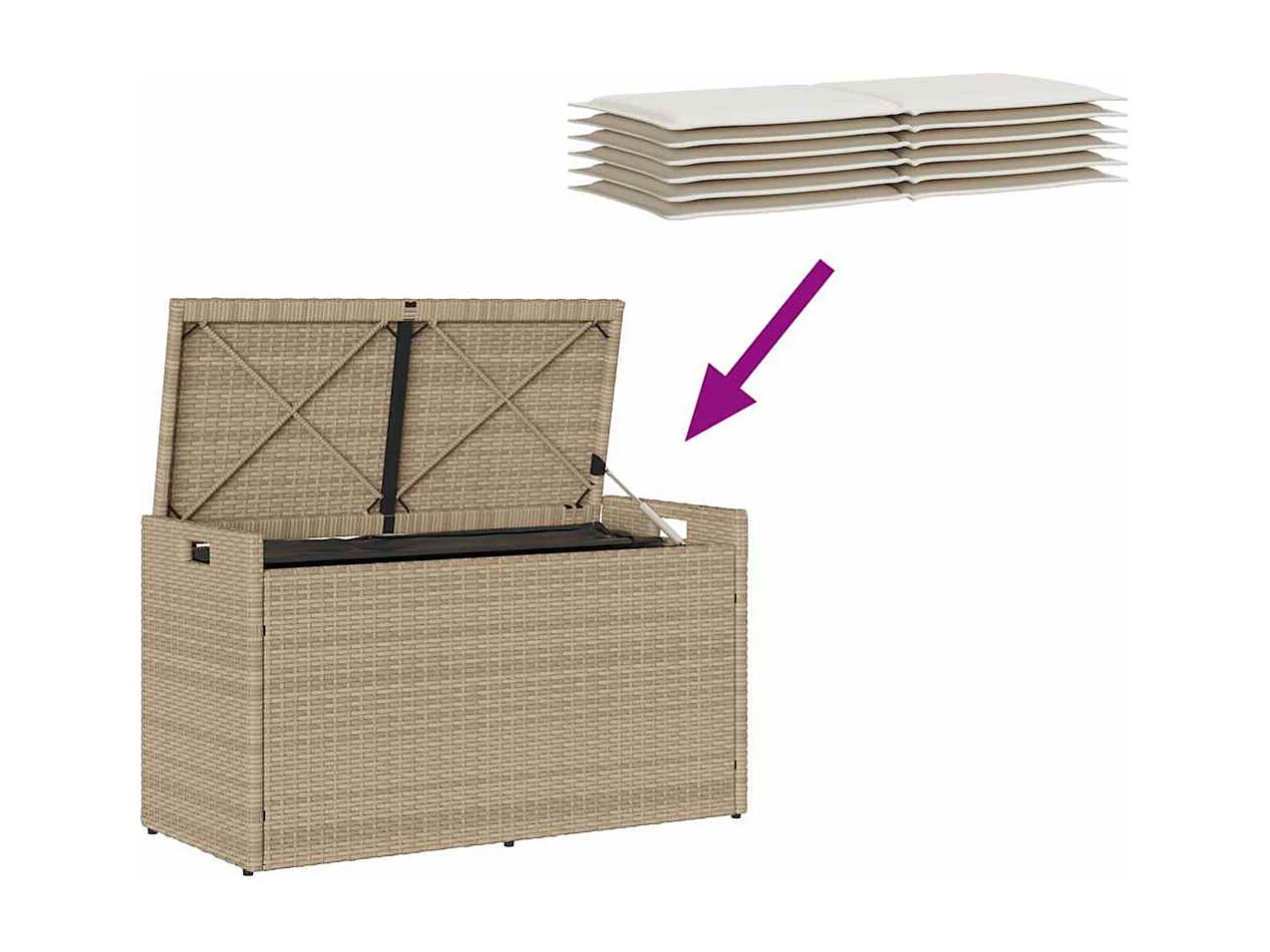 Opbergbank met kussen voor buiten 100 cm poly rattan beige